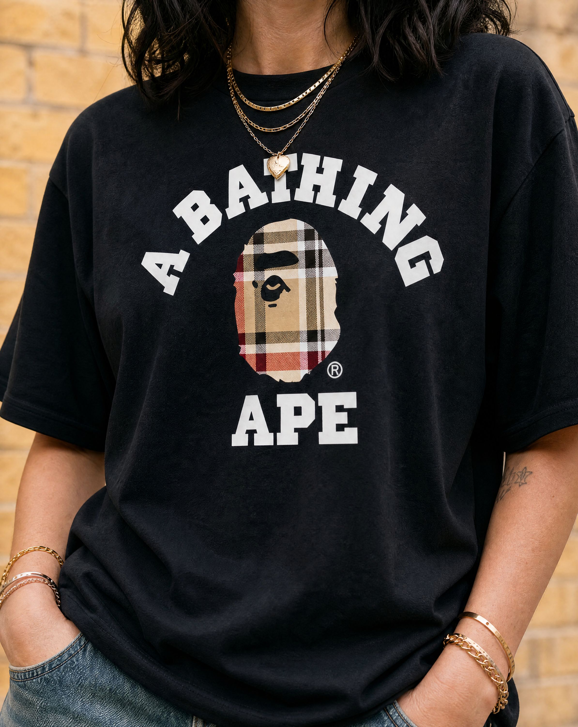 BAPE Check College Tee Black/Beige - print-closeup