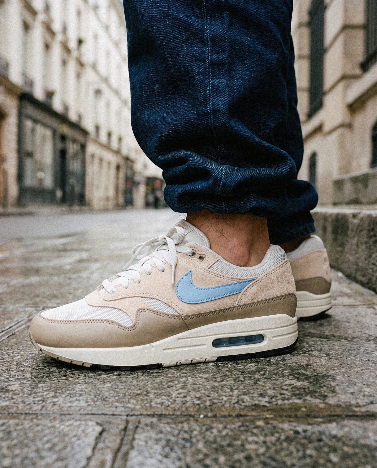 Nike Air Max 1 Essential Light Bone/Psychic Blue - on foot